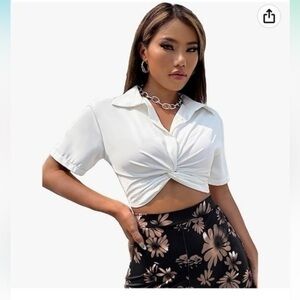 Women's Twist Front Lapel Collar Blouse Short Sleeve Casual Shirt Crop Top